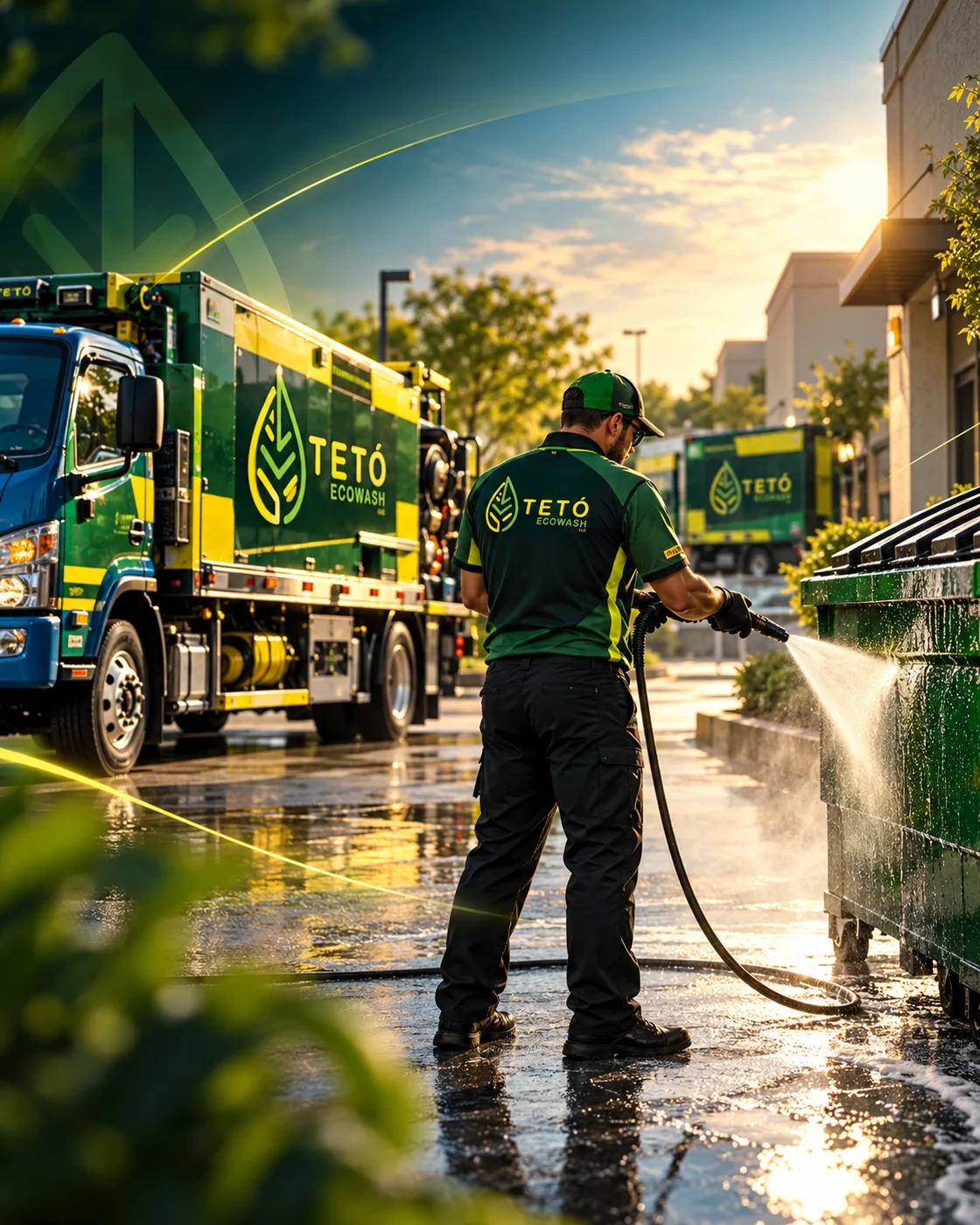 A TETÓ Eco Wash crew member cleaning a commercial dumpster at sunset