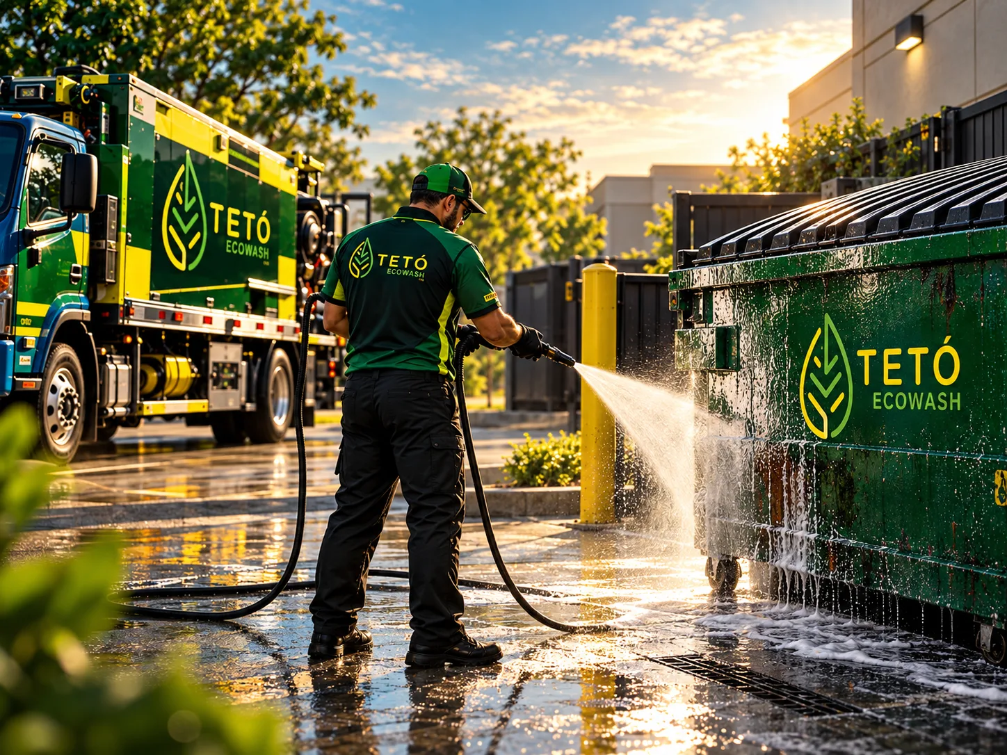 A TETÓ Eco Wash technician cleaning a commercial dumpster