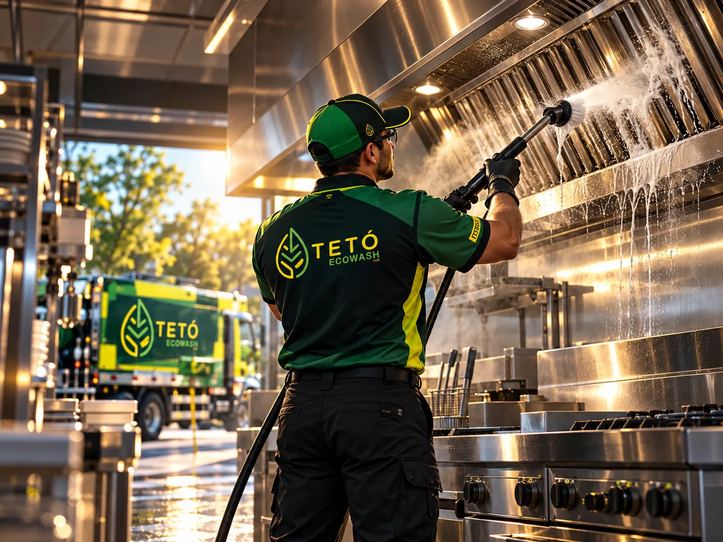 A TETÓ Eco Wash technician cleaning a commercial kitchen hood