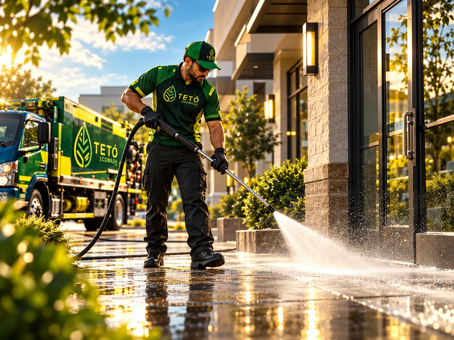 A TETÓ Eco Wash technician pressure washing a commercial walkway