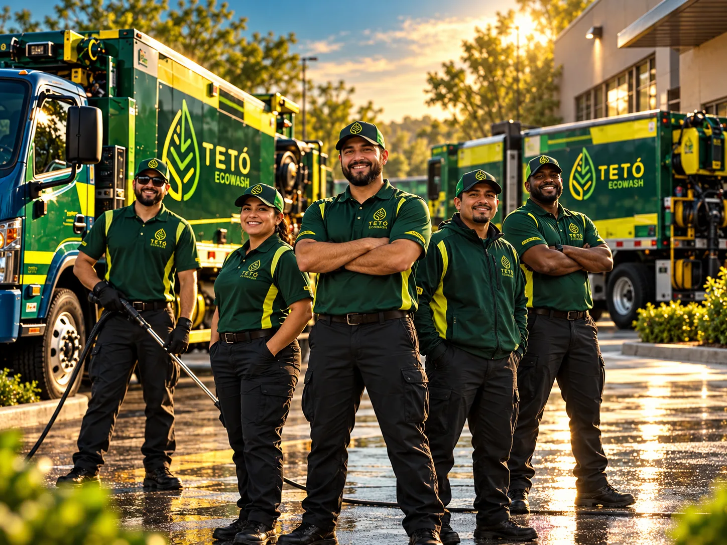 The TETÓ Eco Wash service team standing in front of branded trucks
